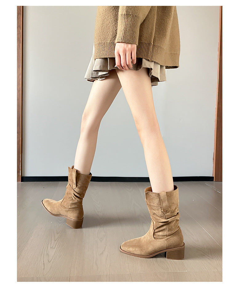 Women's Cowboy Pointed Toe Chunky Pleated Pile Style Short Martin Boots