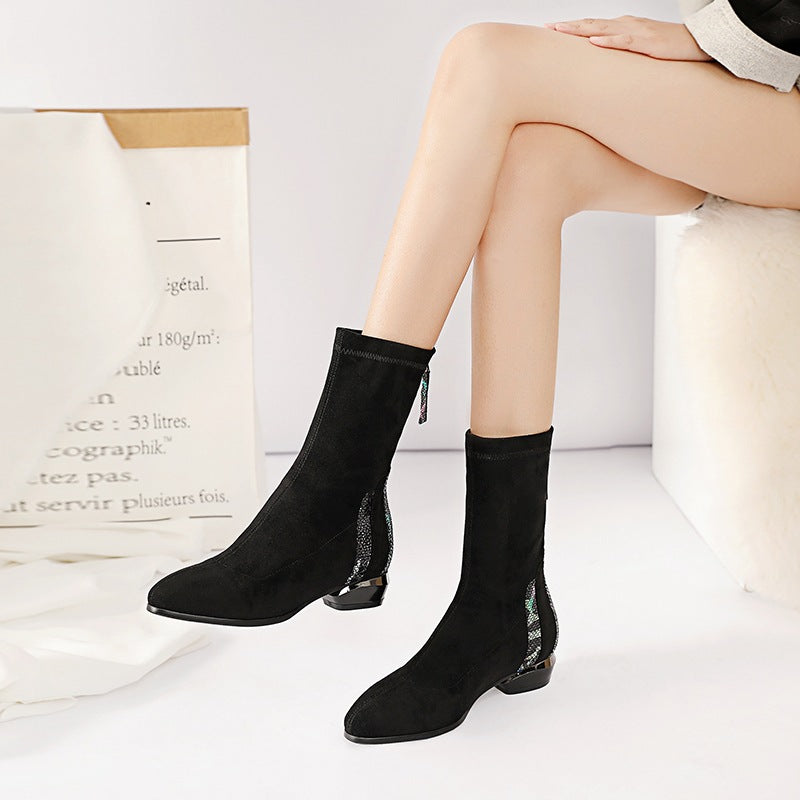 Women's Chunky Short Autumn Fashion Stretch Thin Round Toe Single-layer Women's Leather Boots