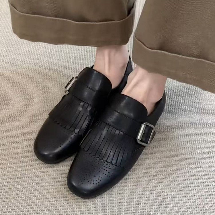 Women's Tassel Embroidery Flat Black Versatile Small Belt Loafers