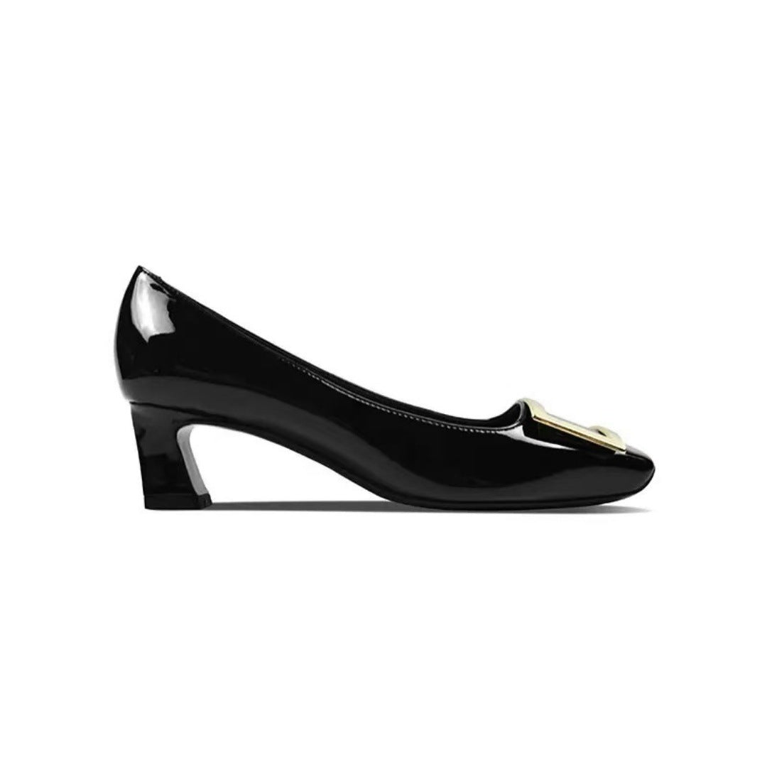 Women's Square Buckle High Patent Toe Elephant Gray Red Wedding Heels