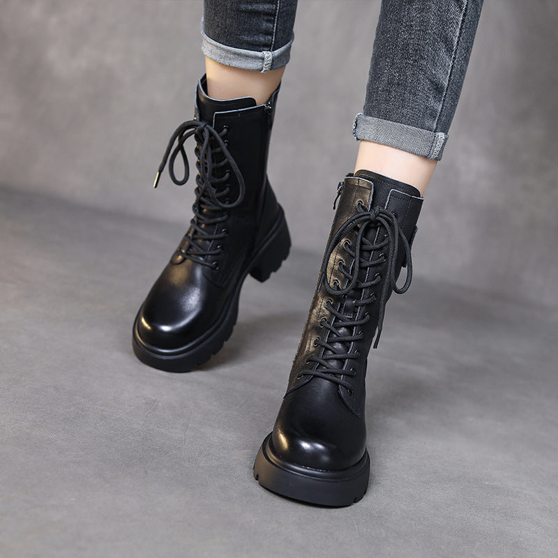 Women's Thick Bottom Vintage Martin Real With Fleece Lining Mid Chunky Heels