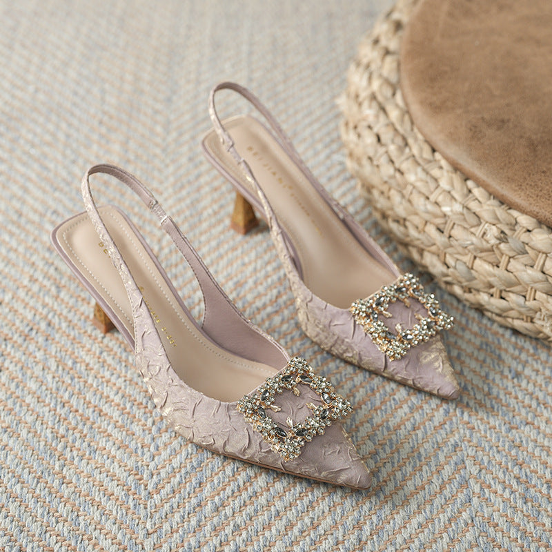 Women's Style Satin Pleated Square Buckle Pointed Toe Sandals