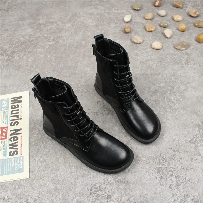 Korean Style Flat Lace Plus Veet Women's Leather Boots