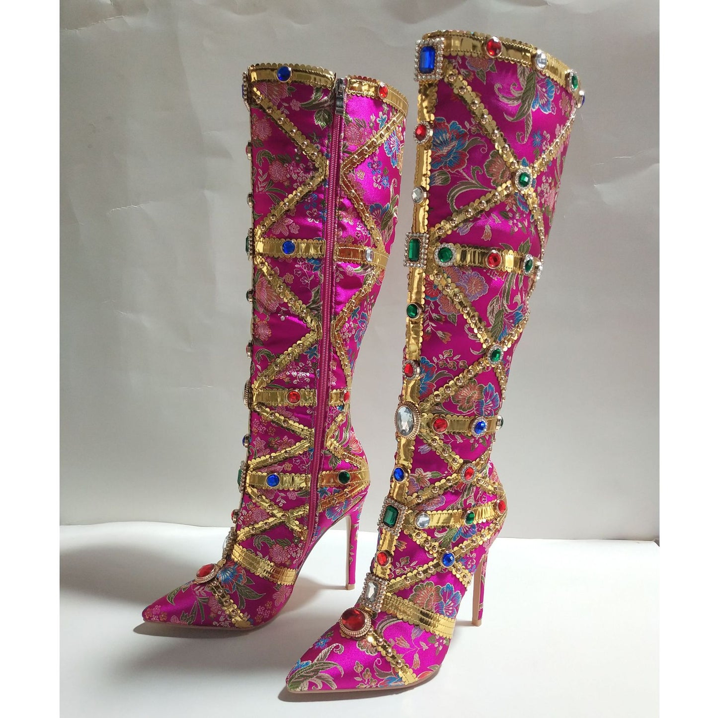 Toe Stiletto Side Zipper Heavy Handmade Rhinestone Embroidery Fashion Plus Women's Leather Boots