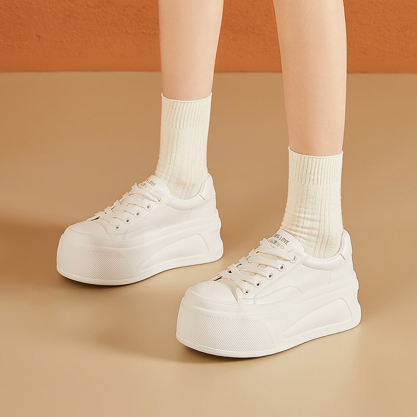 Women's White Thick Sole Height Increasing Comfortable Lace Women's Casual Shoes