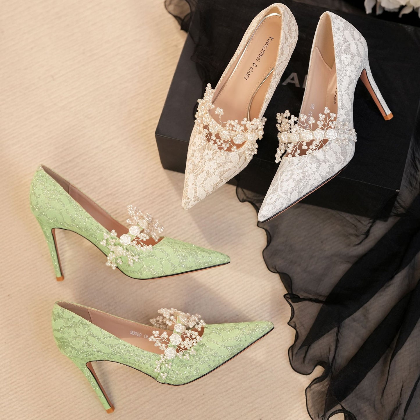 Satin French Lace Wedding Banquet Dress Stiletto High Women's Fashion Shoes