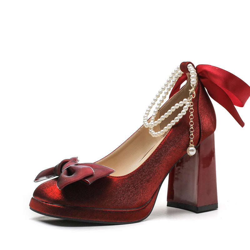 Women's Spring Red Mary Jane High Chunky Chinese Style Bridal Women's Fashion Shoes