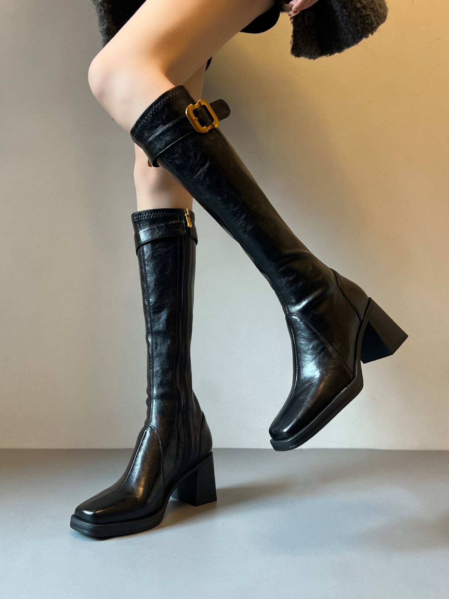 Women's High Long Belt Buckle Square Toe Leggings Skinny Women's Leather Boots