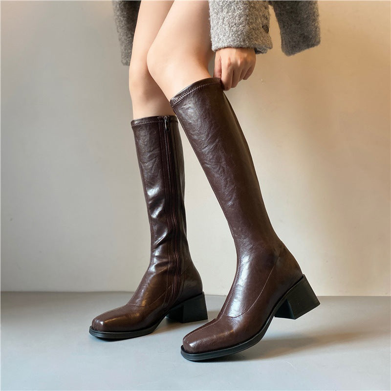 Leg Soft Mute Bottom Wrapping Slimming Pants Square Toe Stretch Women's Leather Boots