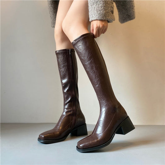 Leg Soft Mute Bottom Wrapping Slimming Pants Square Toe Stretch Women's Leather Boots