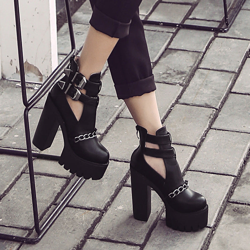 Women's Chain Hollow Booties Belt Buckle Chunky High Women's Leather Boots