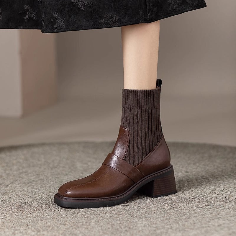 Women's Knitted Chunky High Thin Brown Martin Elastic Women's Leather Boots