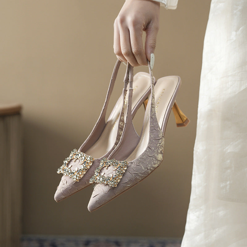 Women's Style Satin Pleated Square Buckle Pointed Toe Sandals
