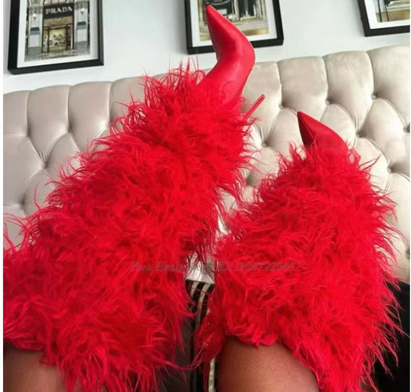 Women's Special Stiletto Fur Warm Fashion High-heel Pointed High Women's Leather Boots