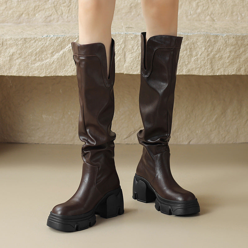 Women's Thick-soled Pile Style Authentic Platform Knee-length Small Women's Leather Boots