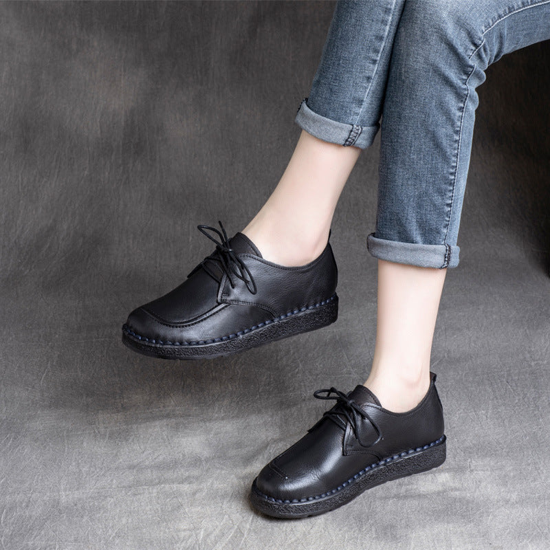 Spring Ethnic Style Vintage Cowhide Low Soft Bottom Women's Casual Shoes