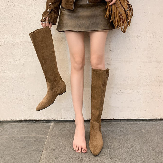 Women's Style Western Knight Pile Suede Pleated Women's Leather Boots
