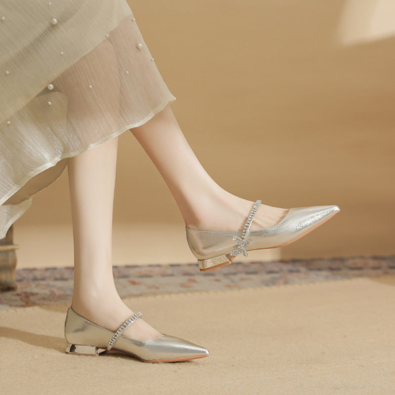 Women's Chunky Flat Pointed Toe Rhinestone Bow Women's Fashion Shoes