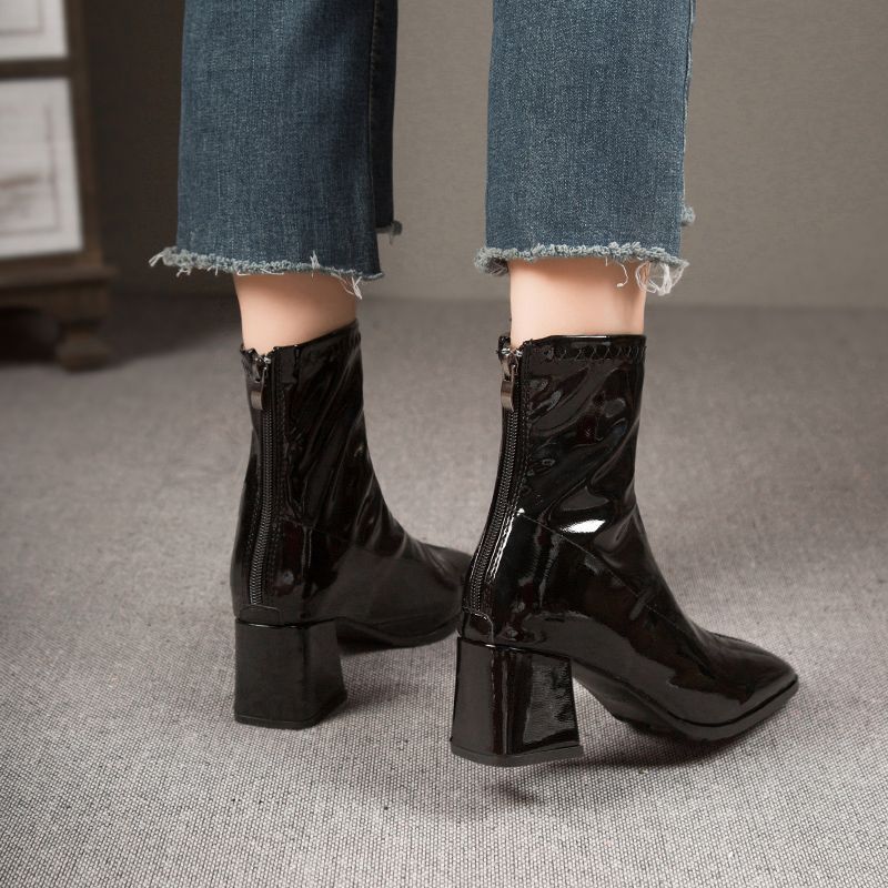Women's French Style Square Toe Chunky Short High Western Rear Zipper Women's Leather Boots
