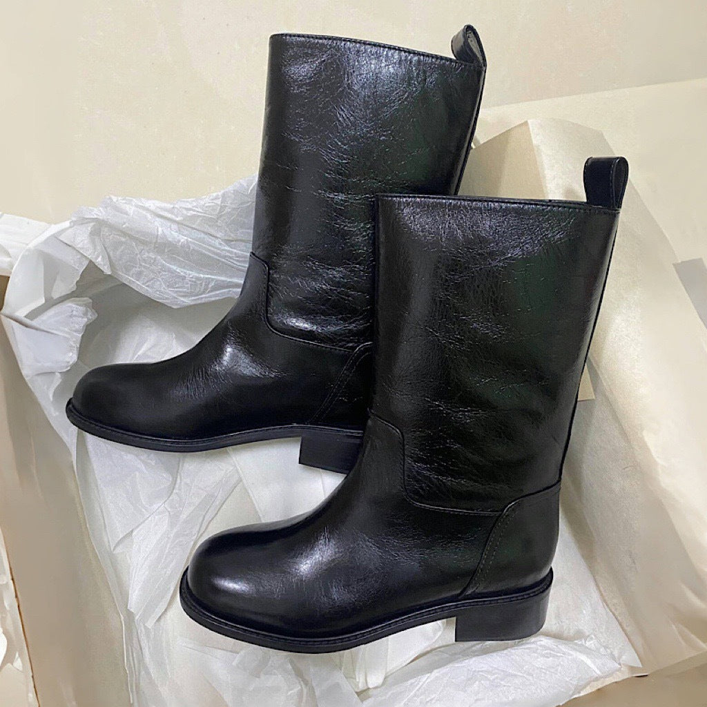 Women's Western Cowboy Genuine Middle Tube Retro Low Women's Leather Boots