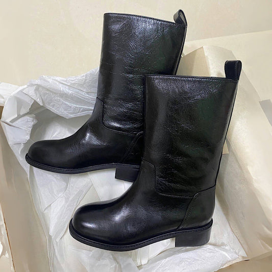 Women's Western Cowboy Genuine Middle Tube Retro Low Women's Leather Boots