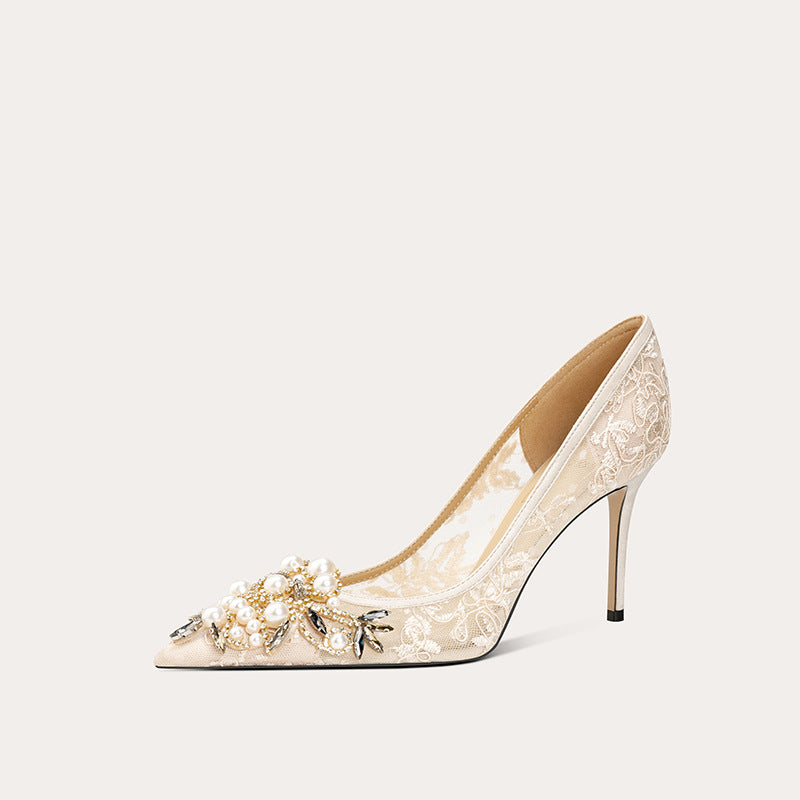 Women's Style Embroidered Mesh Stiletto Bridal Dress Sheepskin Pointed Women's Fashion Shoes