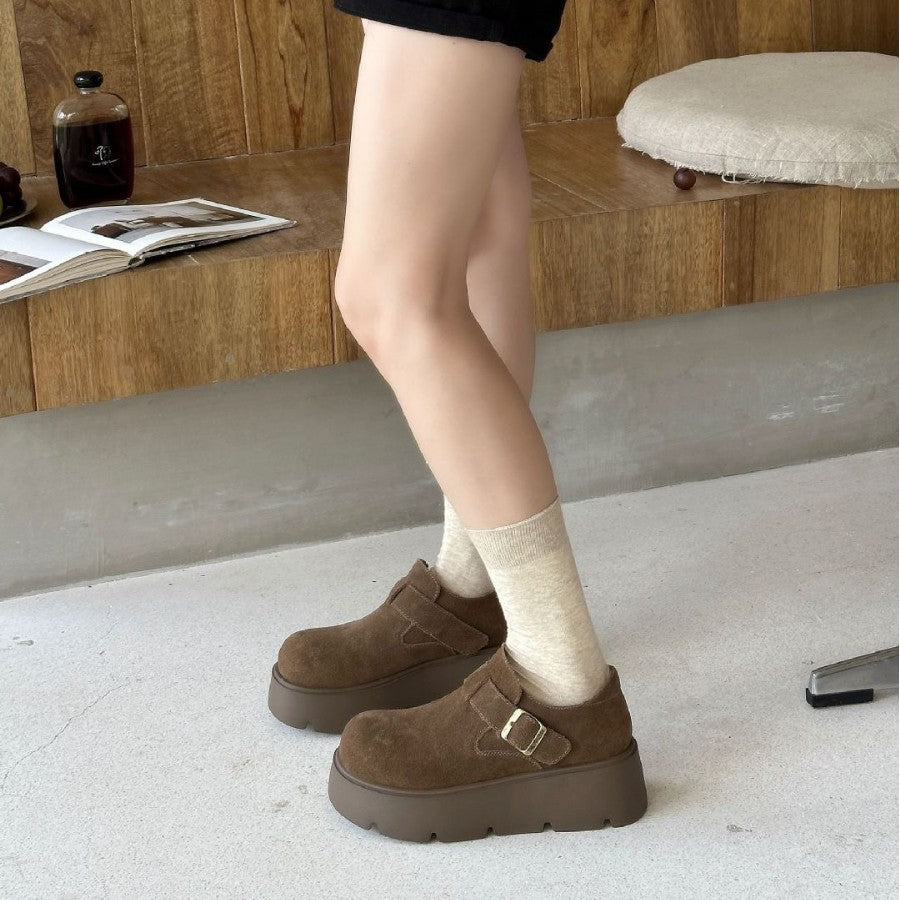 Women's Cowhide Platform Round Head Small Muffin Bottom Increased Women's Casual Shoes