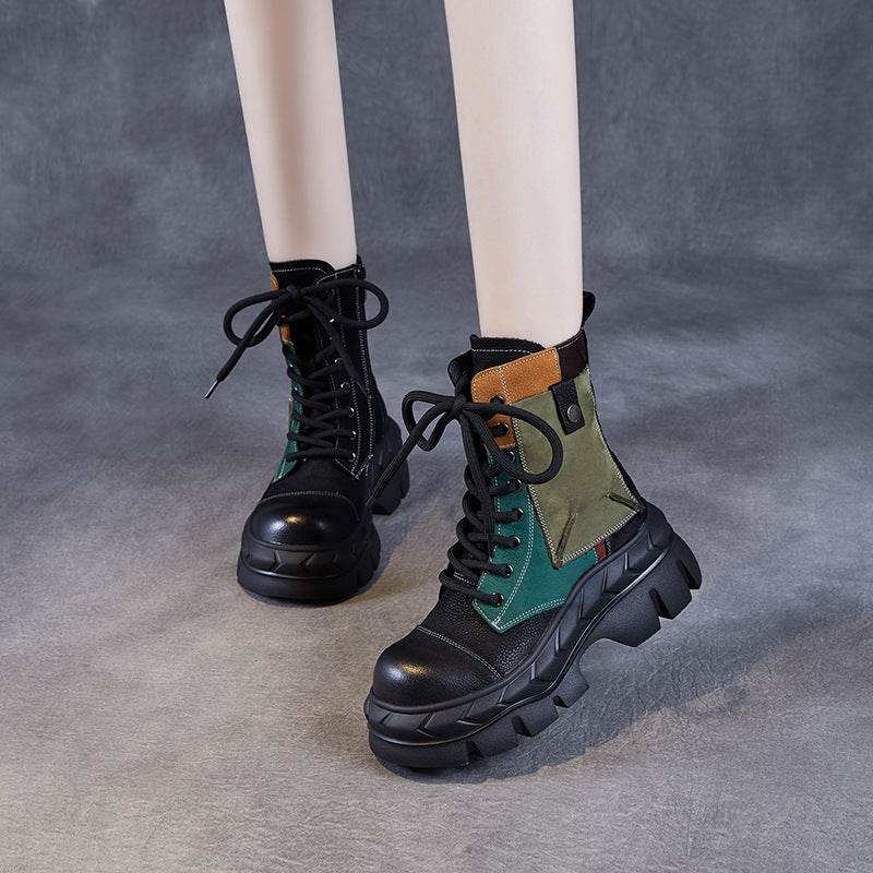 Women's Color Matching Thick Bottom First Layer Cowhide Women's Leather Boots