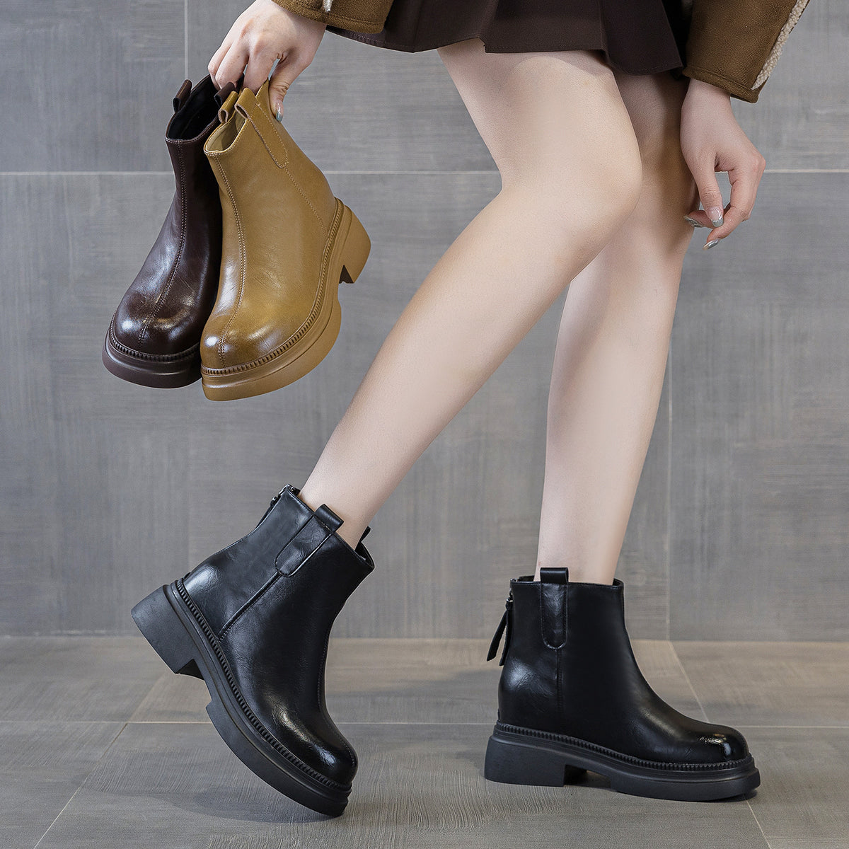 Women's Martin Platform Height Increasing Insole Skinny Women's Leather Boots