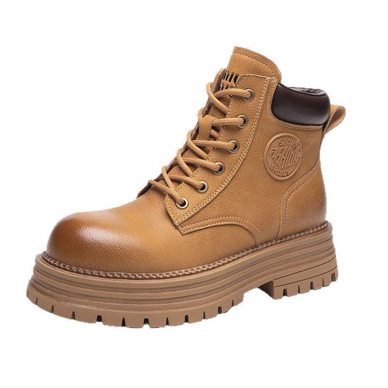 Women's Platform Elevator Wild Worker Retro Short Tube Women's Leather Boots