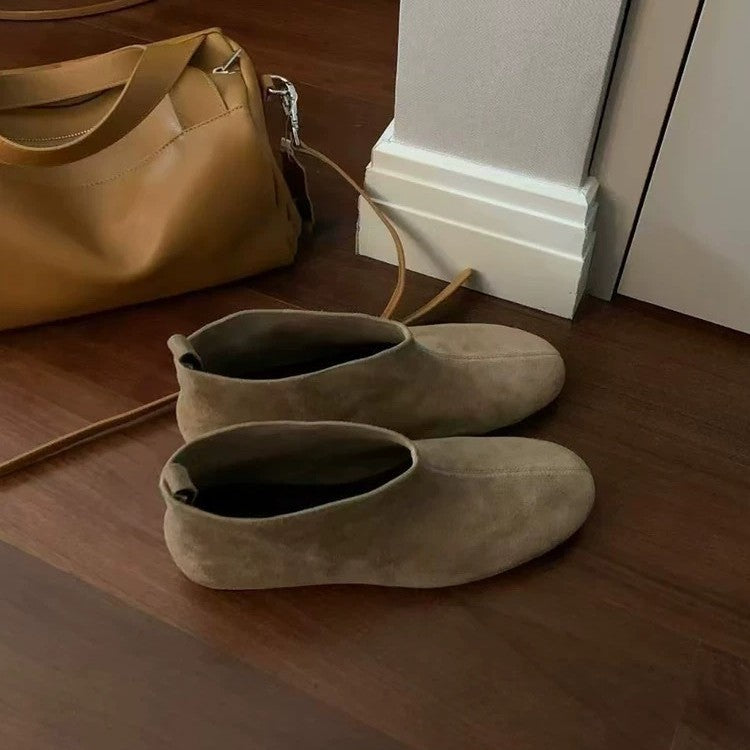 Suede Round Toe Flat Bottom Skinny Booties Female Women's Leather Boots