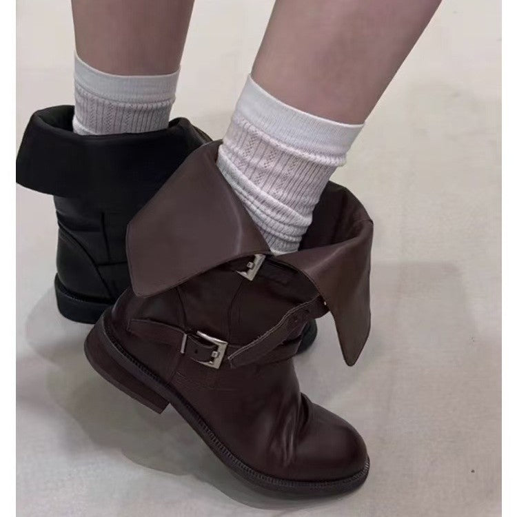 Women's Retro Belt Buckle Two-way Wear Knight Slimming Chunky Middle Round Women's Leather Boots