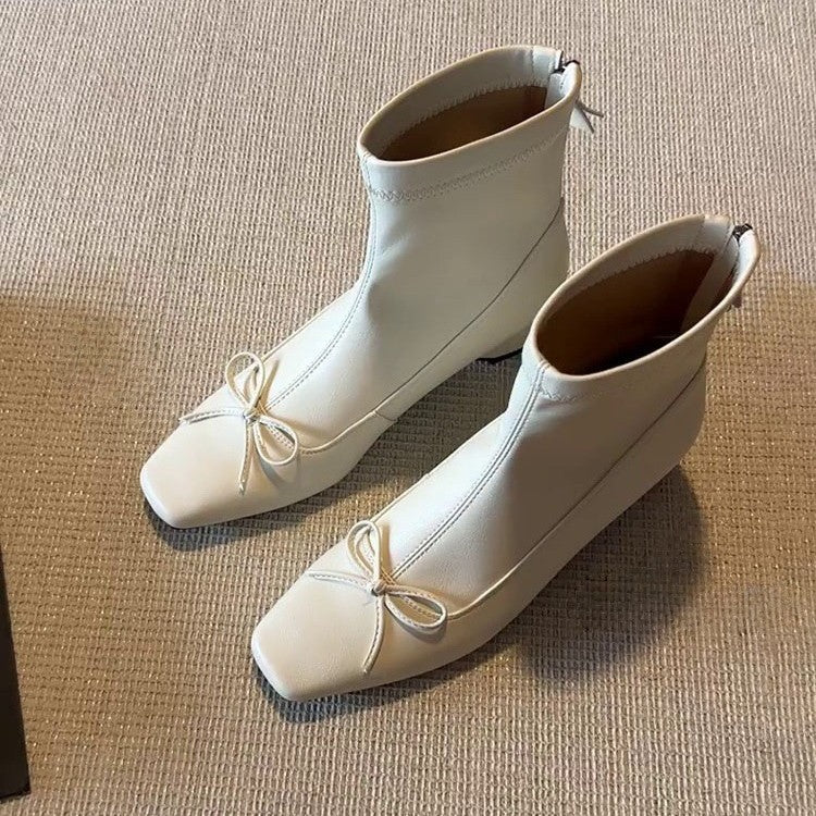 Women's Height Increasing Insole Niche Stretch Thin Ballet Style French Bow Women's Leather Boots