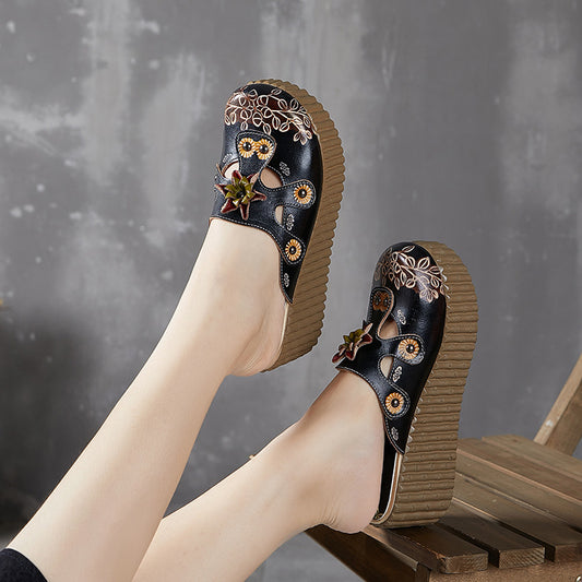 Women's Summer Flower Genuine Ethnic Style Height Increasing Sandals