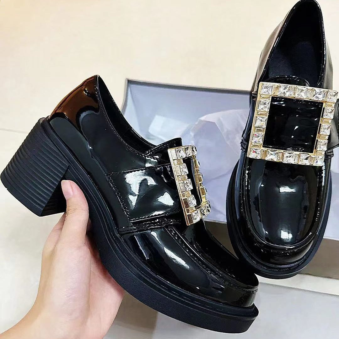 British Style Female Preppy Patent Square Buckle Loafers
