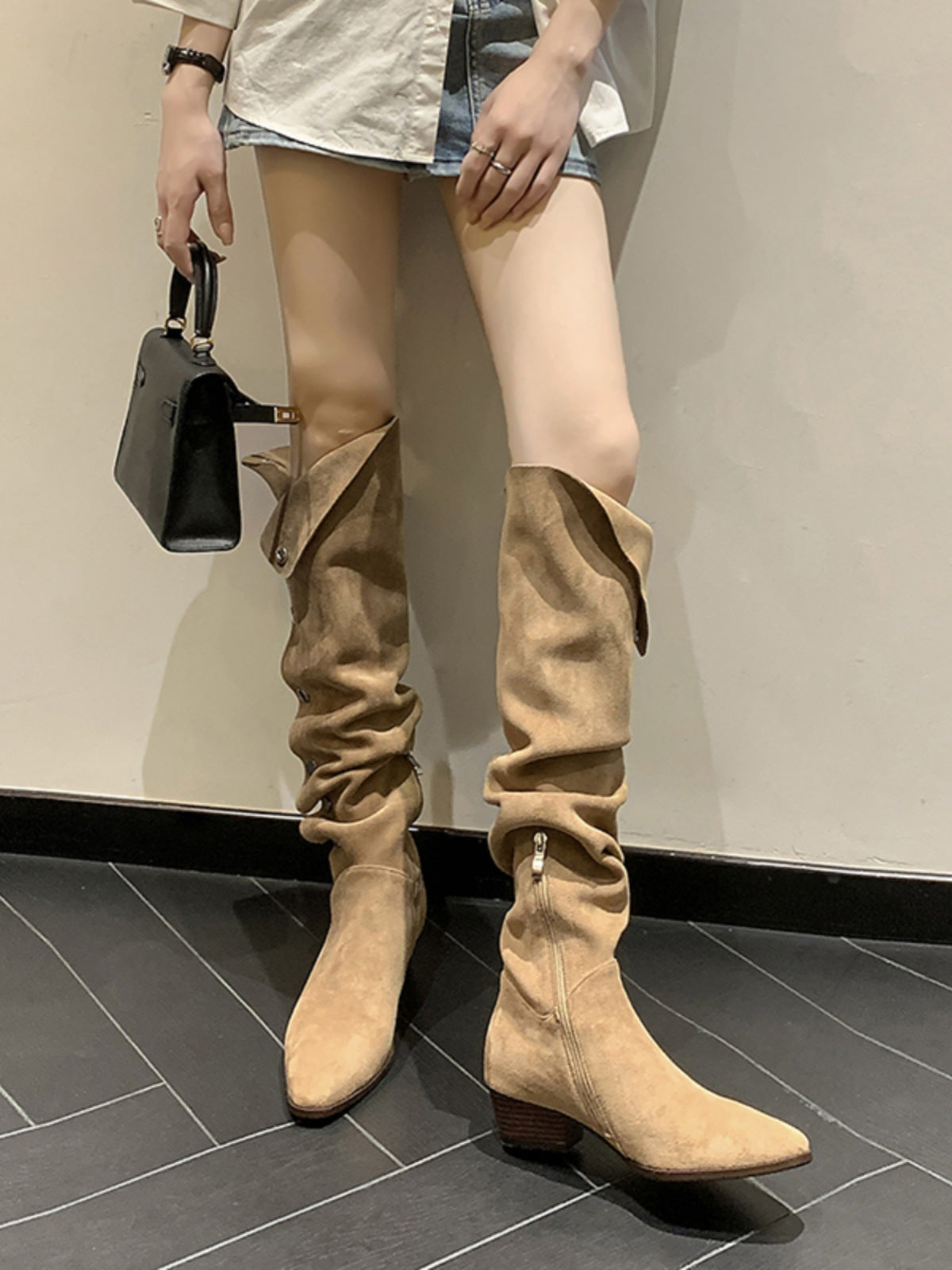 Women's Pile Style Chunky High Western Cowboy Below The Knee Long Women's Leather Boots