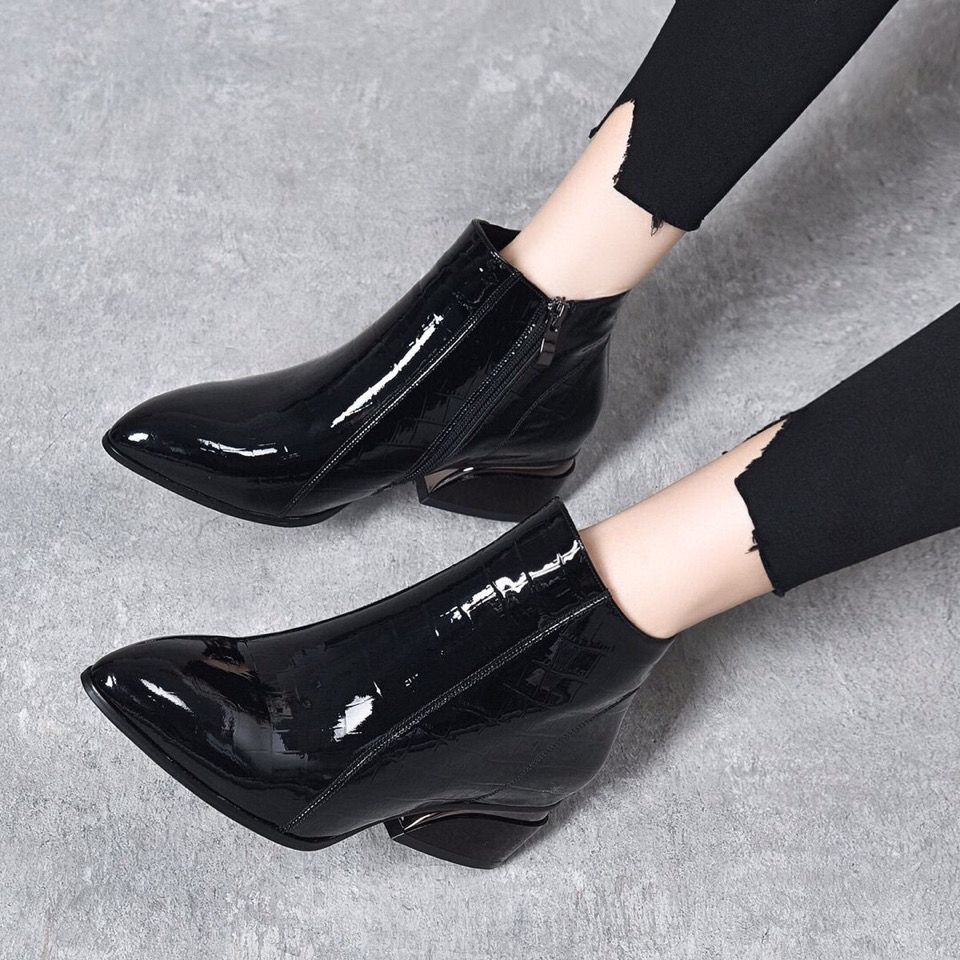 Women's Short Patent Cowhide Single Low Martin British Women's Leather Boots
