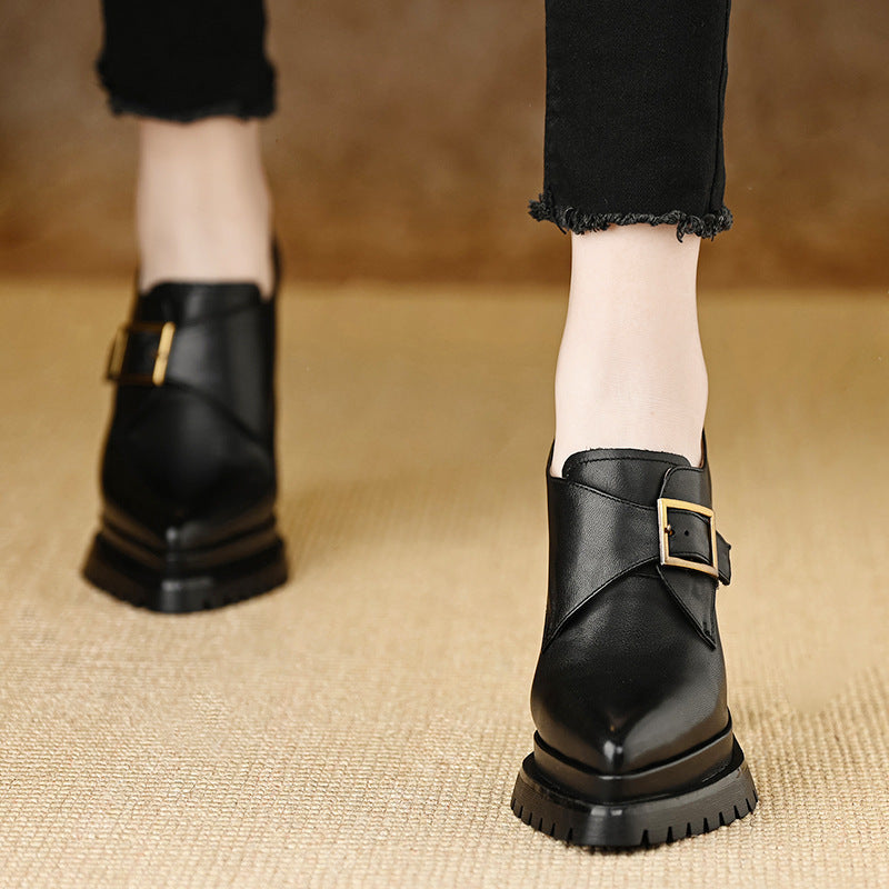 Mouth Pumps Female Autumn Temperament Pointed Thick Leather Shoes