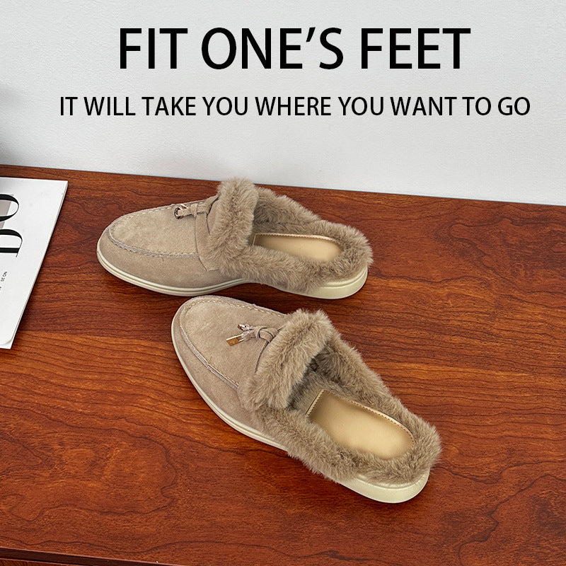 Version Fleece-lined Closed Toe Wool Flat Fur Slippers