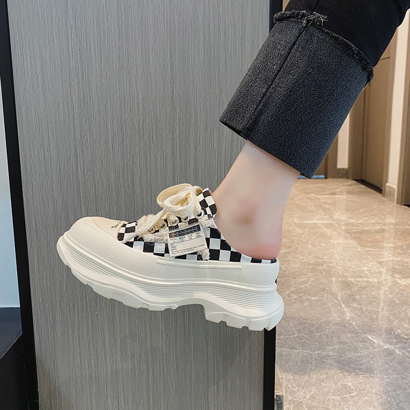 Women's Summer Thick Bottom Slip-on Chessboard Plaid Dad Height Increasing Slippers