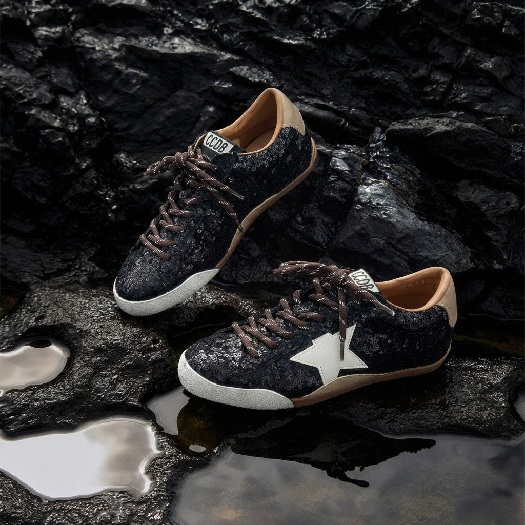 Women's Retro Height Increasing Insole Sequined German Training Flat Sports Distressed Women's Casual Shoes