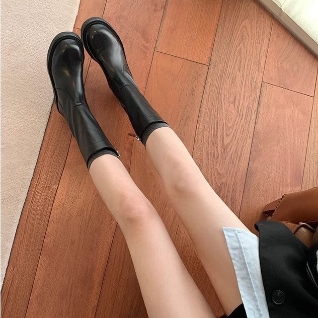 Second Hair Grape Mom Retro Round Toe Side Zipper Height Women's Leather Boots
