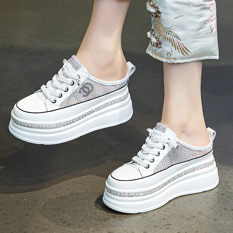 Women's Mesh Pearl Rhinestone Classic Style Leisure Thick-soles Slippers
