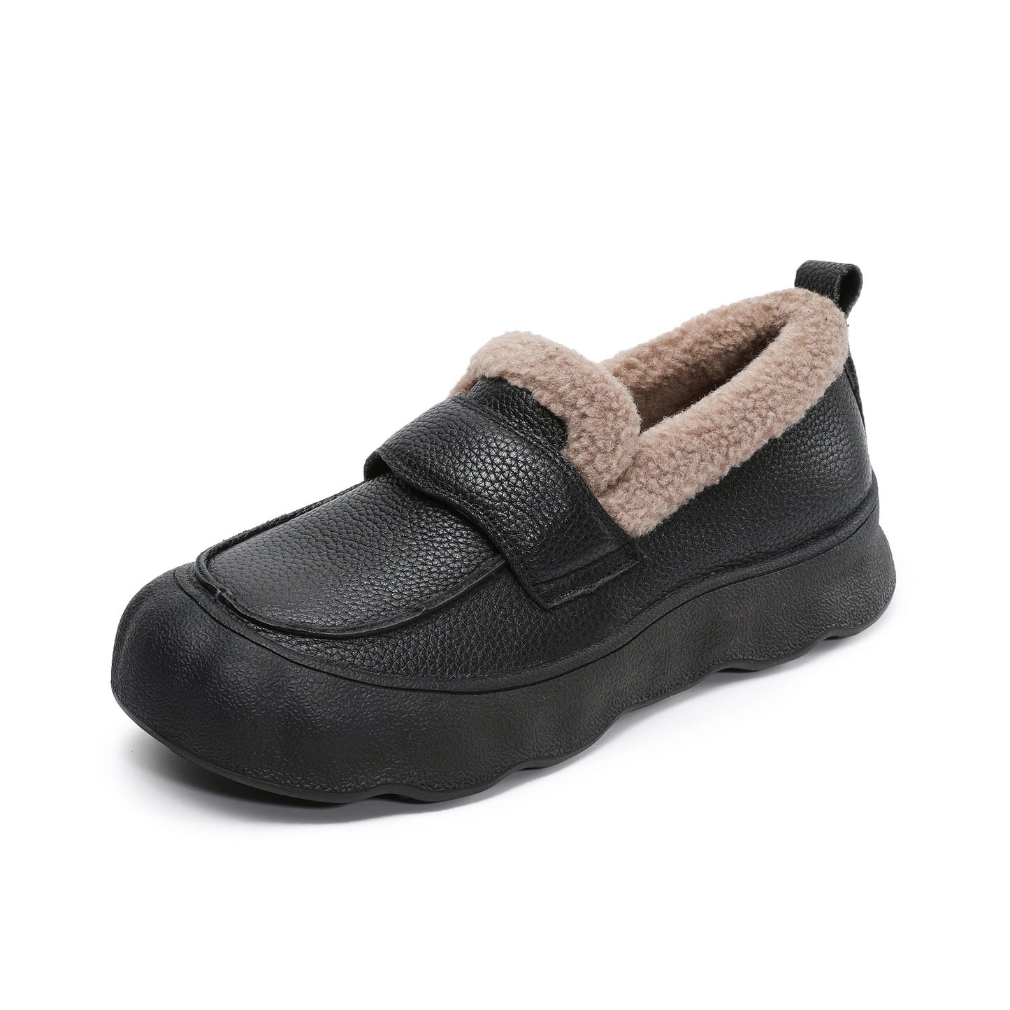 Layer Cowhide Slip-on Furry Mouth Flat Bottom Soft Leather Shoes