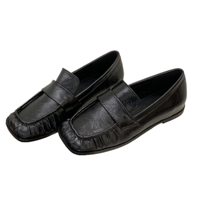 Autumn Retro Square Toe Golden Soft Pleated Neutral Loafers