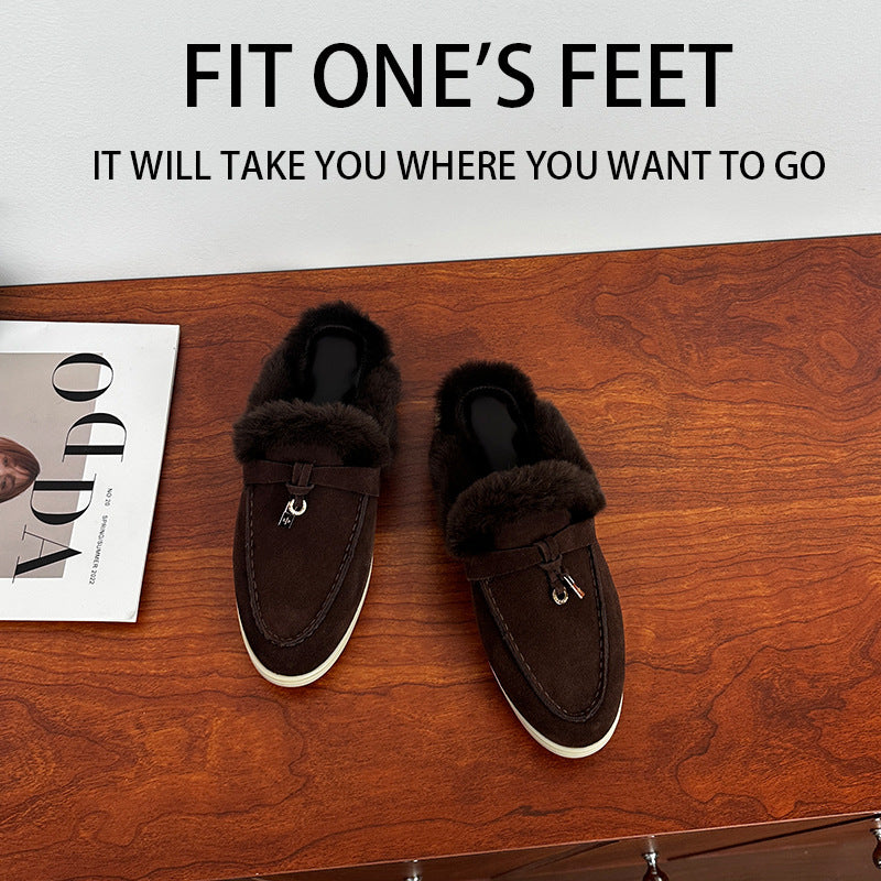 Version Fleece-lined Closed Toe Wool Flat Fur Slippers