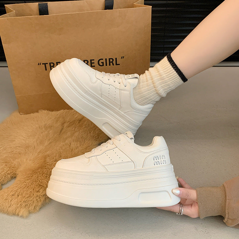 Women's Genuine Platform Wild Elevator White Casual Shoes