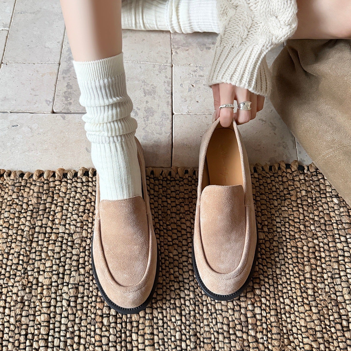 Women's Spring Round Toe Reversible Cowhide Flat Pumps Loafers