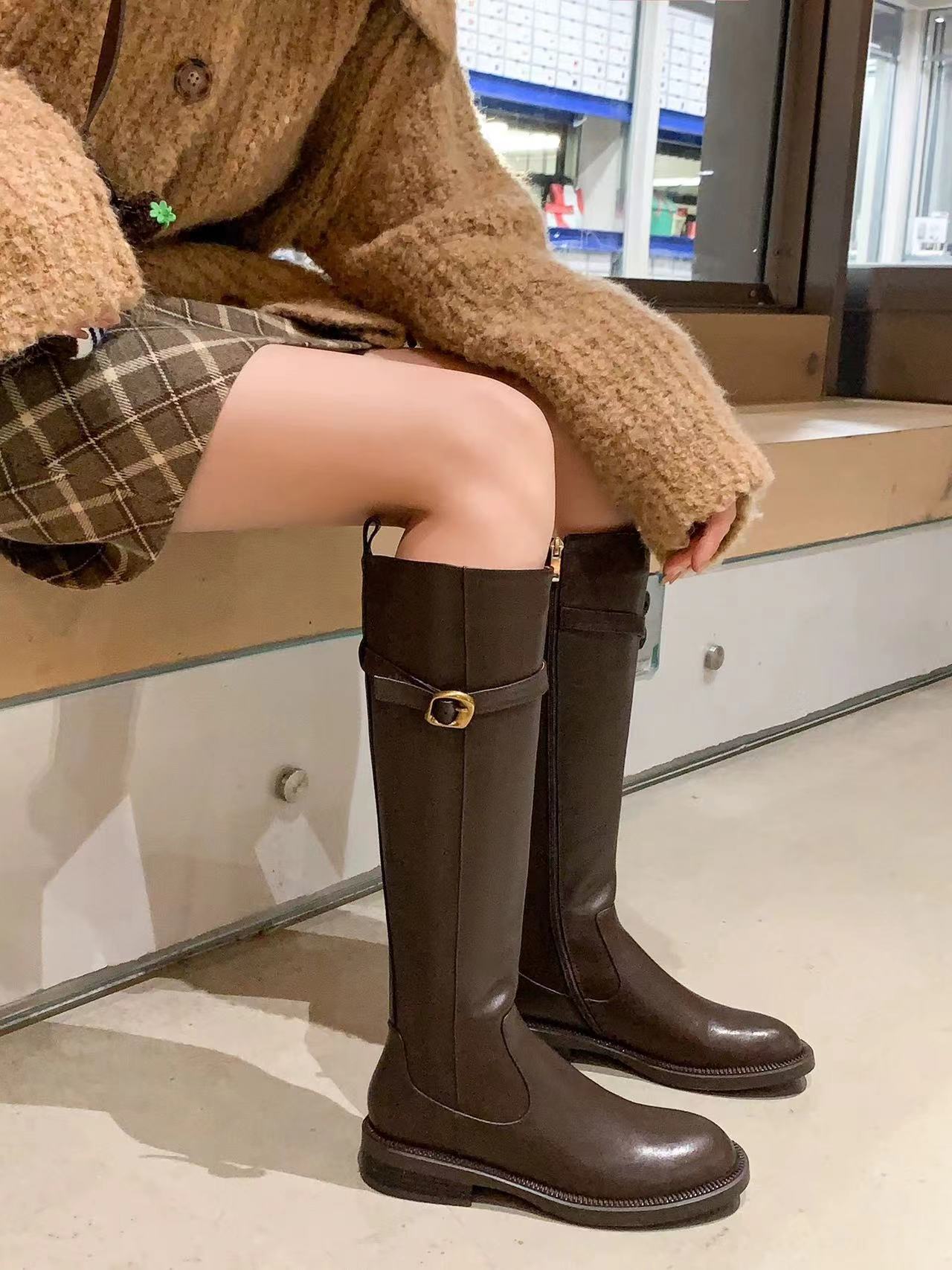 Women's Small Golden Button Thick Bottom Chunky Tall Knight Slimming Versatile Boots