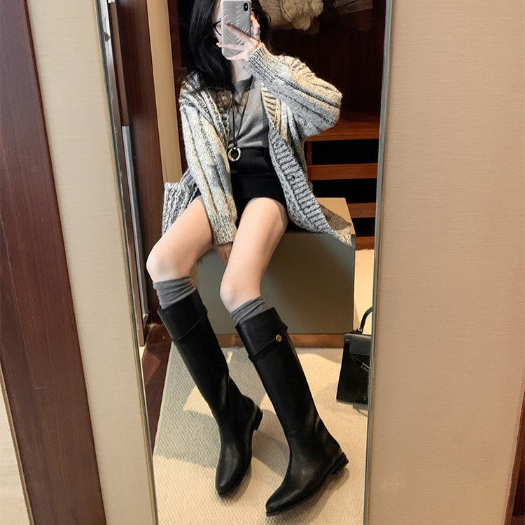 Su Korean Drama Female Owner Genuine Small Golden Button Thigh Women's Leather Boots